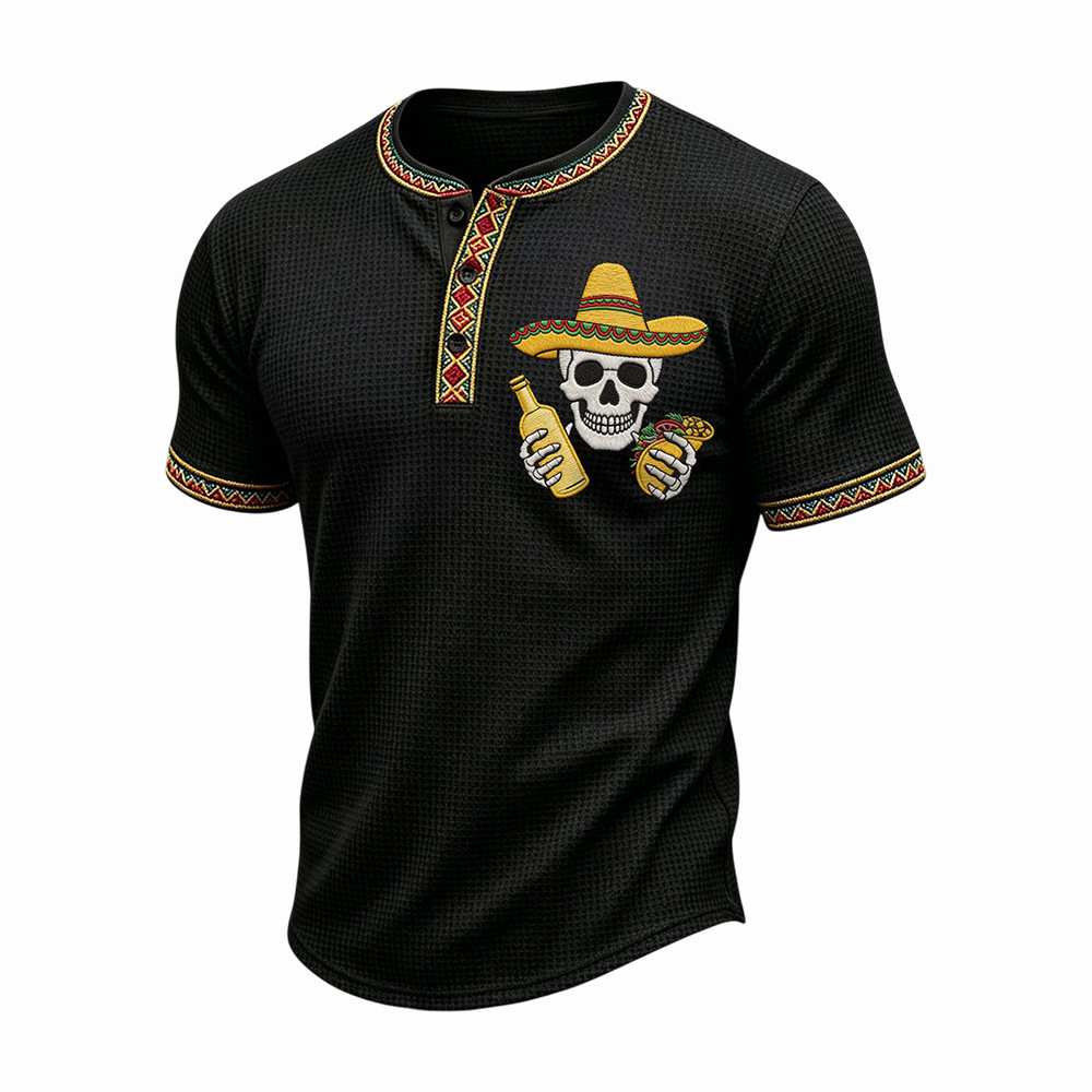 Funny Skeleton Taco Tequila Henley Shirt Fiesta Clothing Mexican Gift Ideas