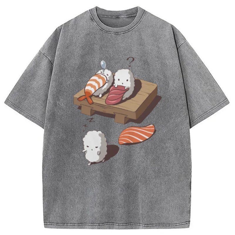Funny Sleep Walking Nigiri Sushi Washed T-Shirt Trendy Aesthetic Graphic Apparel Gifts For BFF