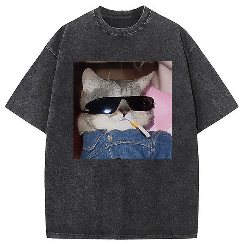 Funny Smoking Cat Meme Washed T-Shirt Soft Cotton Daily Wear Tee Gifts For Brother