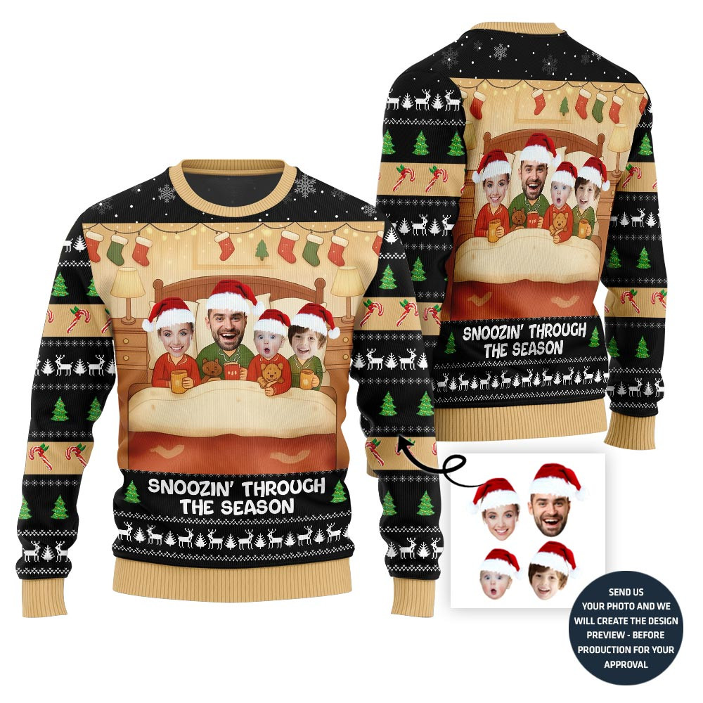 Funny Snoozin Family Holiday Ugly Sweater Personalized Christmas Sweatshirt Gift for Family