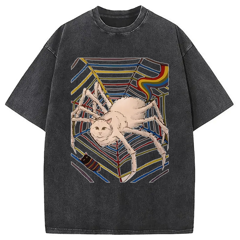 Funny Spider Cat Washed T-Shirt Cool Graphic Tee For Men Women Gifts For Friends