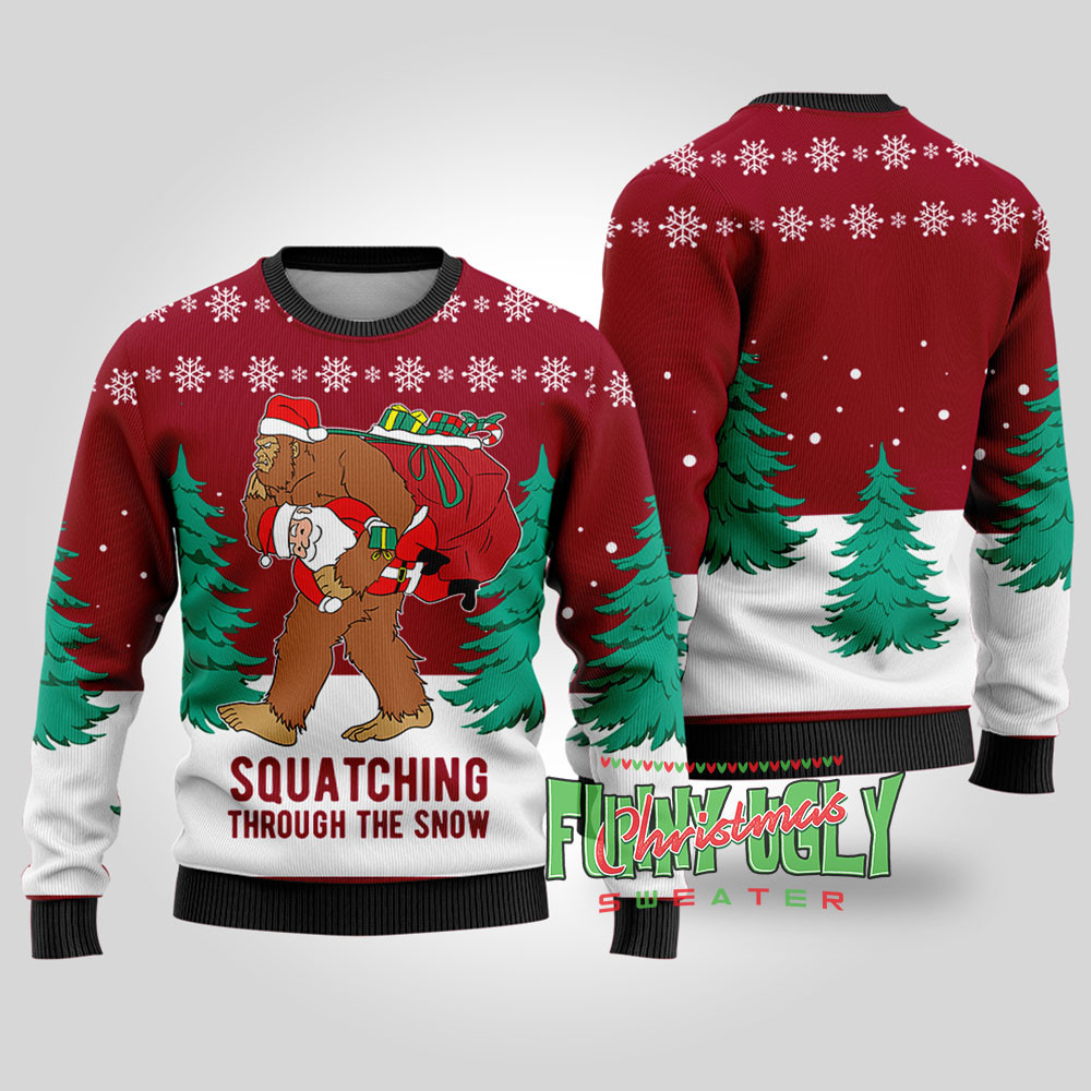 Funny Squatching Bigfoot Ugly Christmas Sweater Cardinal Red Seasonal Gift Merch for Cozy Christmas Vibes
