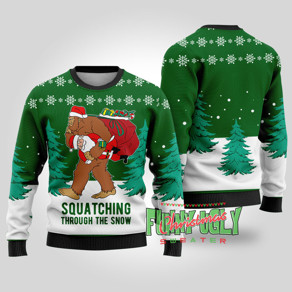 Funny Squatching Bigfoot Ugly Christmas Sweater Forest Green Comfortable Holiday Sweater for Chilly Nights