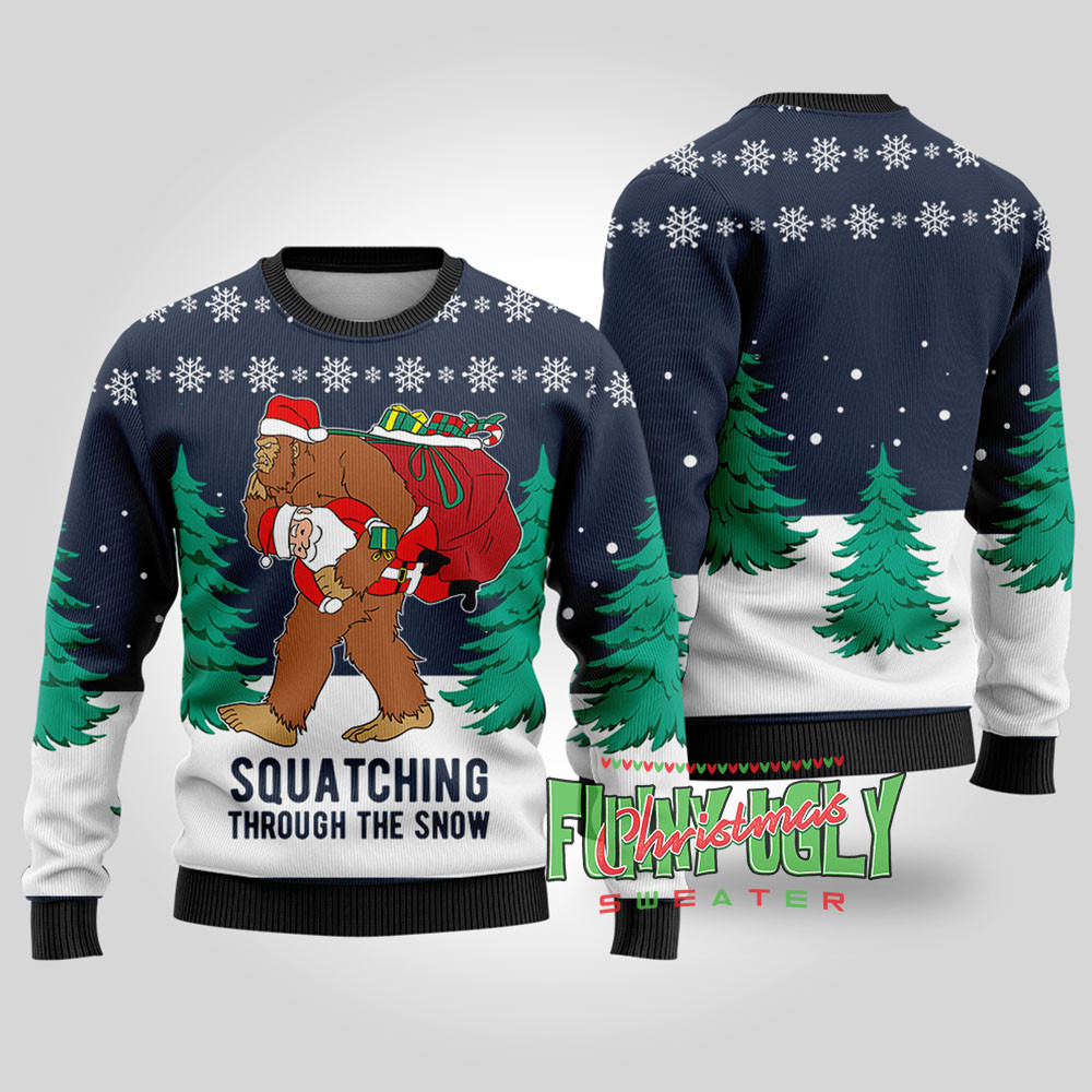 Funny Squatching Bigfoot Ugly Christmas Sweater Navy Meaningful Holiday Gift Merch to Show You Care