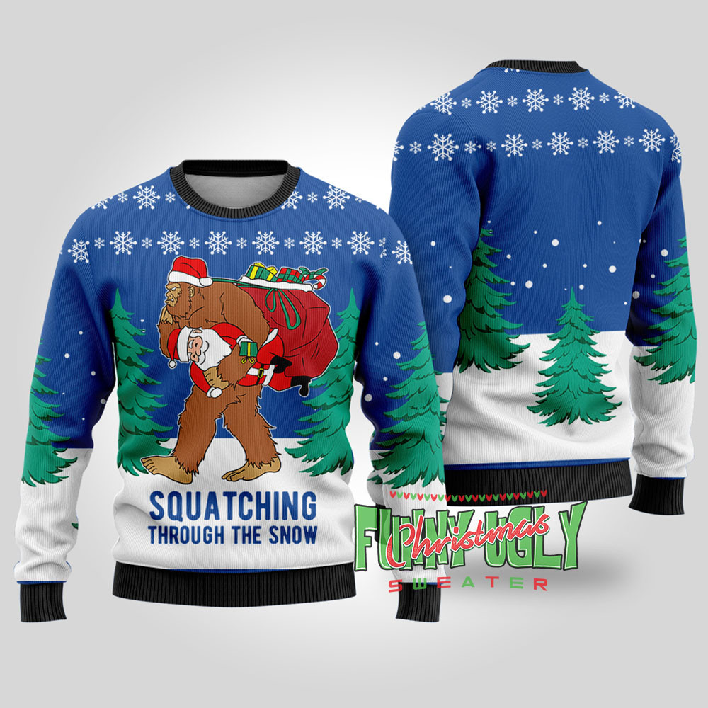 Funny Squatching Bigfoot Ugly Christmas Sweater Royal Trendy Christmas Sweater for Winter Outfits