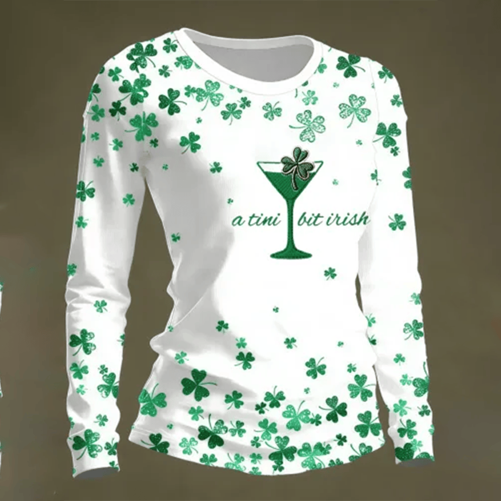 Funny St Patrick's Day Shamrock Art Round Neck Long Sleeve Shirt A Tini Bit Irish St Patricks Outfit