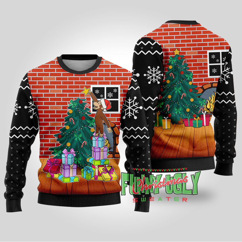 Funny Stackin Curious George Ugly Christmas Sweater Black Heartwarming Christmas Gift Sweater for Him or Her
