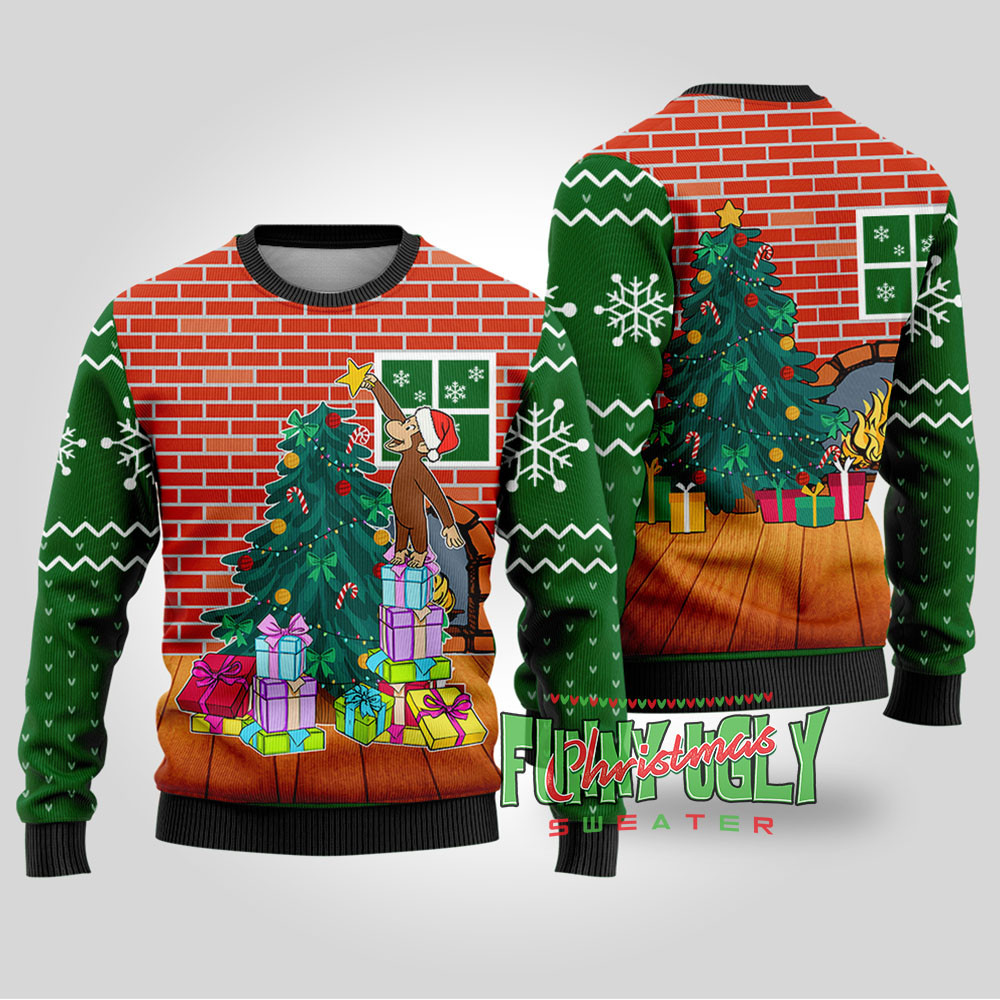 Funny Stackin Curious George Ugly Christmas Sweater Forest Green Best Gift Idea for Christmas Enthusiasts