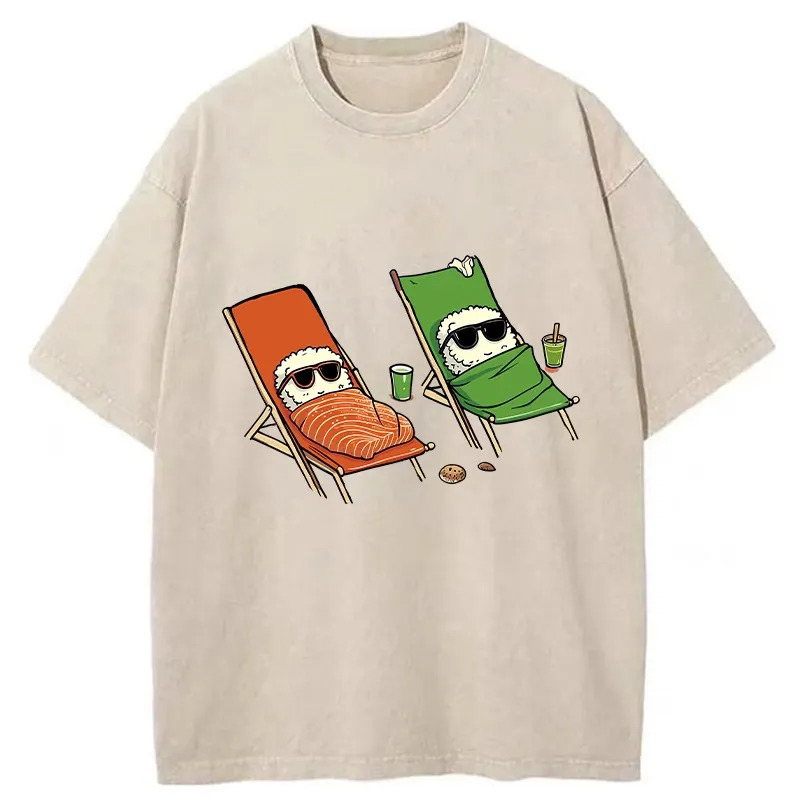 Funny Sushi Sunbathing Washed T-Shirt Soft Cotton Daily Wear Tee Gifts For BFF