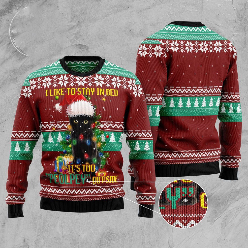 Funny Sweaters Black Cat Like Stay To In Bed Xmas Ugly Christmas Sweater Gift For Cat Lover