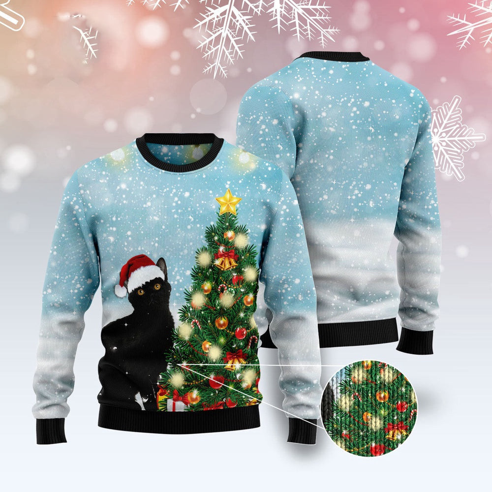 Funny Sweaters Black Cat Noel Tree Ugly Christmas Sweater Gift For Cat Lover