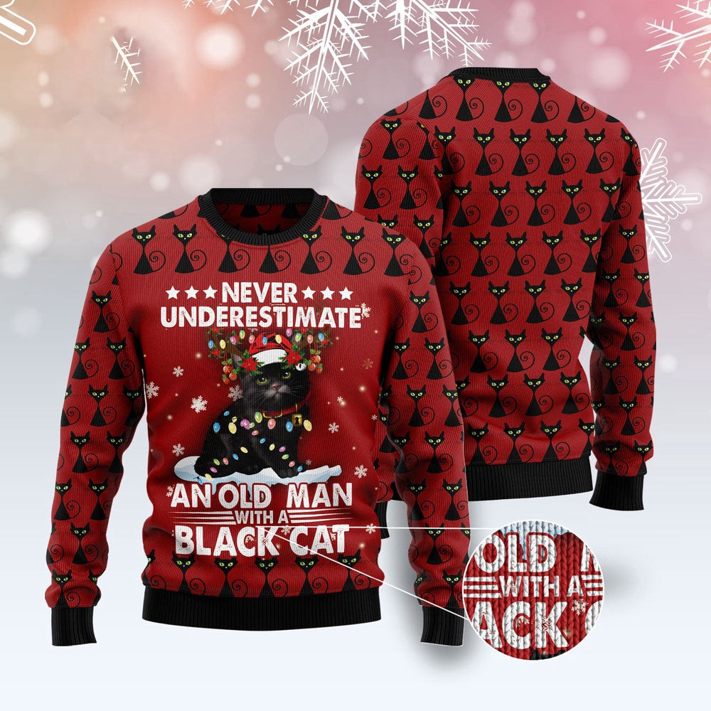 Funny Sweaters Black Cat Old Man Ugly Christmas Sweater Gift For Cat Lover
