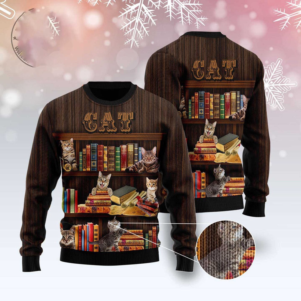 Funny Sweaters Cat Bookcase Ugly Christmas Sweater Gift For Cat Lover