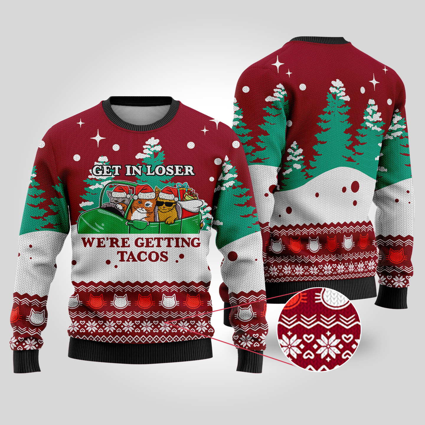 Funny Tacos Cat Christmas Sweater Cardinal Red Festive Sweatshirt for Christmas Celebrations
