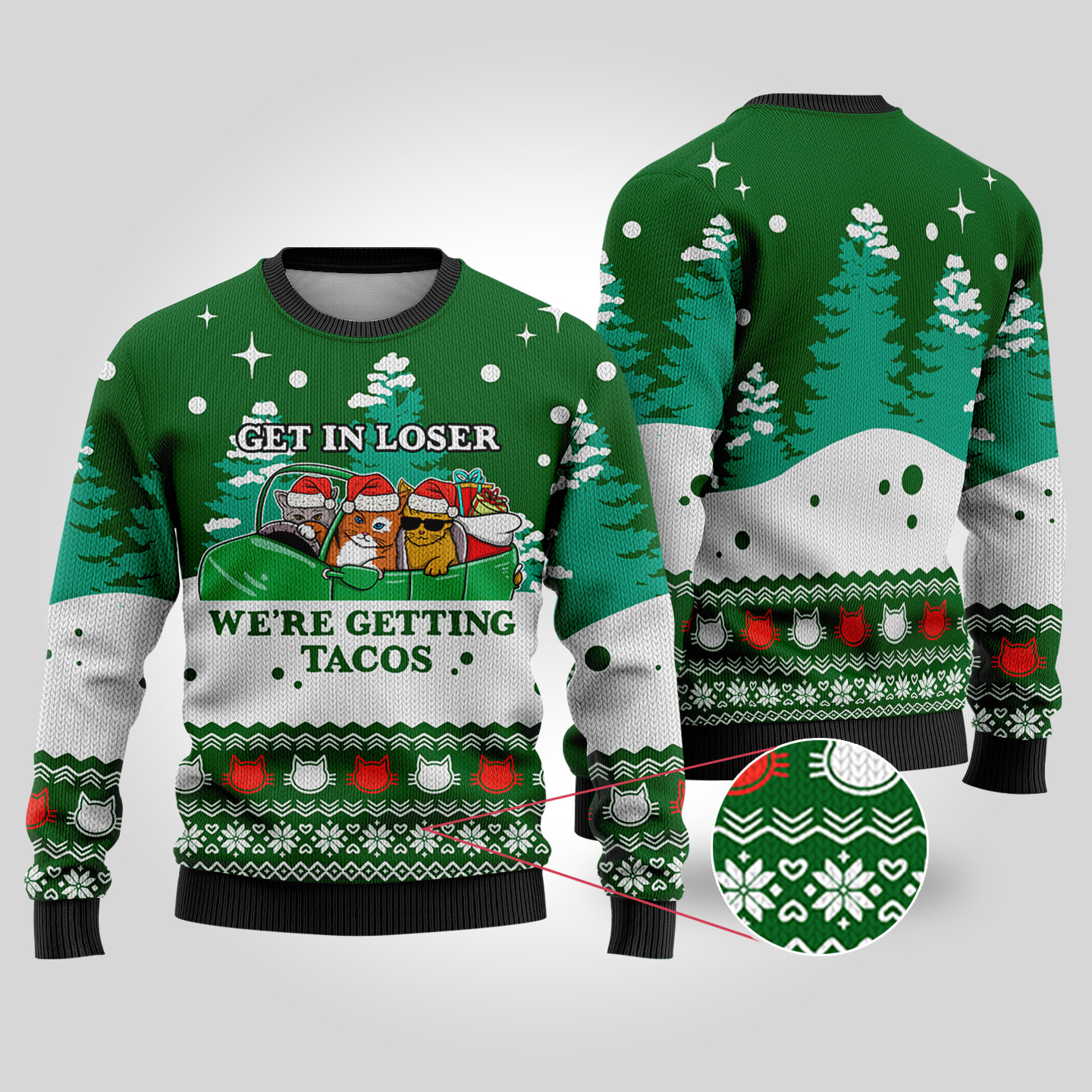 Funny Tacos Cat Christmas Sweater Forest Green Perfect Gift Sweater for Friends and Family