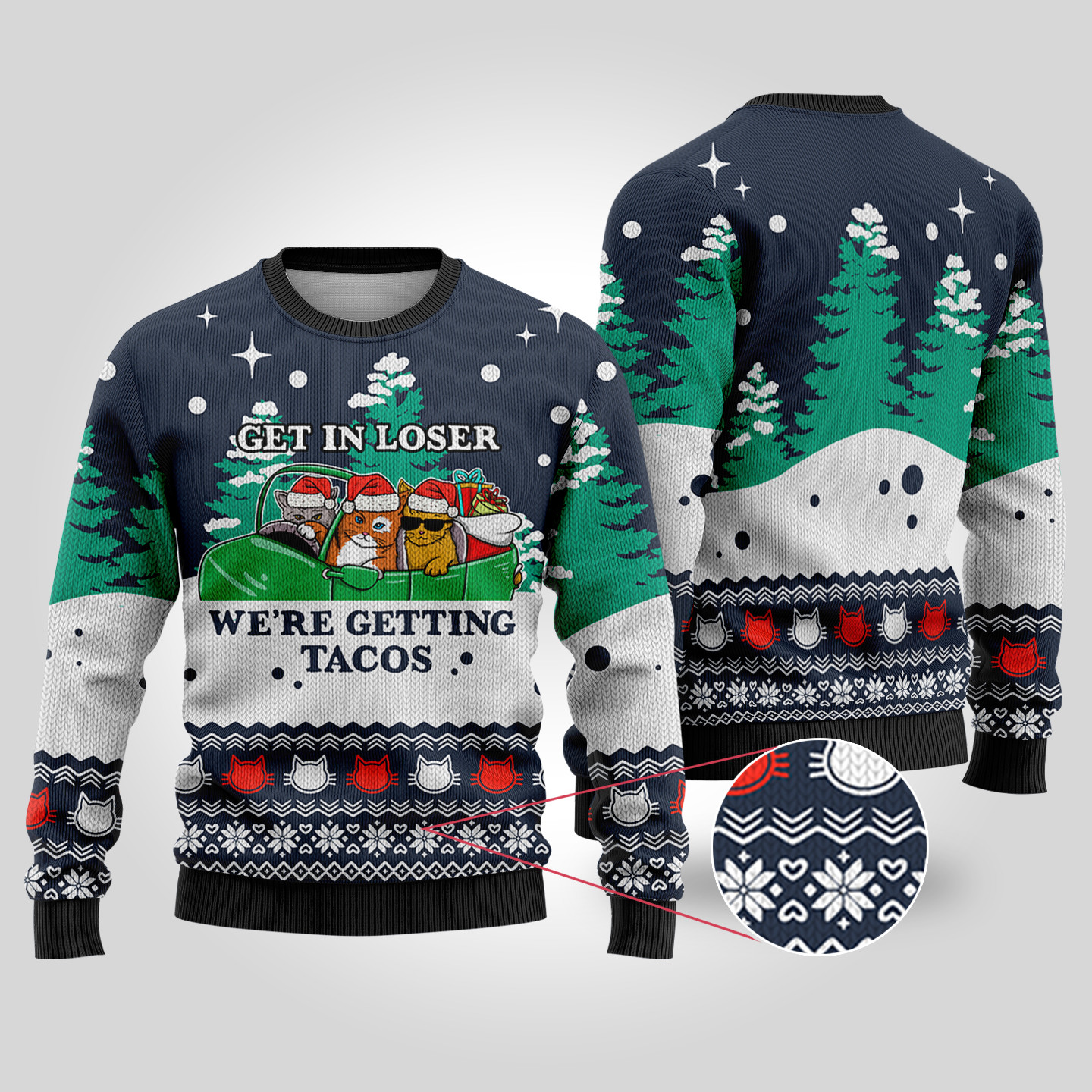 Funny Tacos Cat Christmas Sweater Navy Soft Cotton Sweatshirt for Winter Comfort