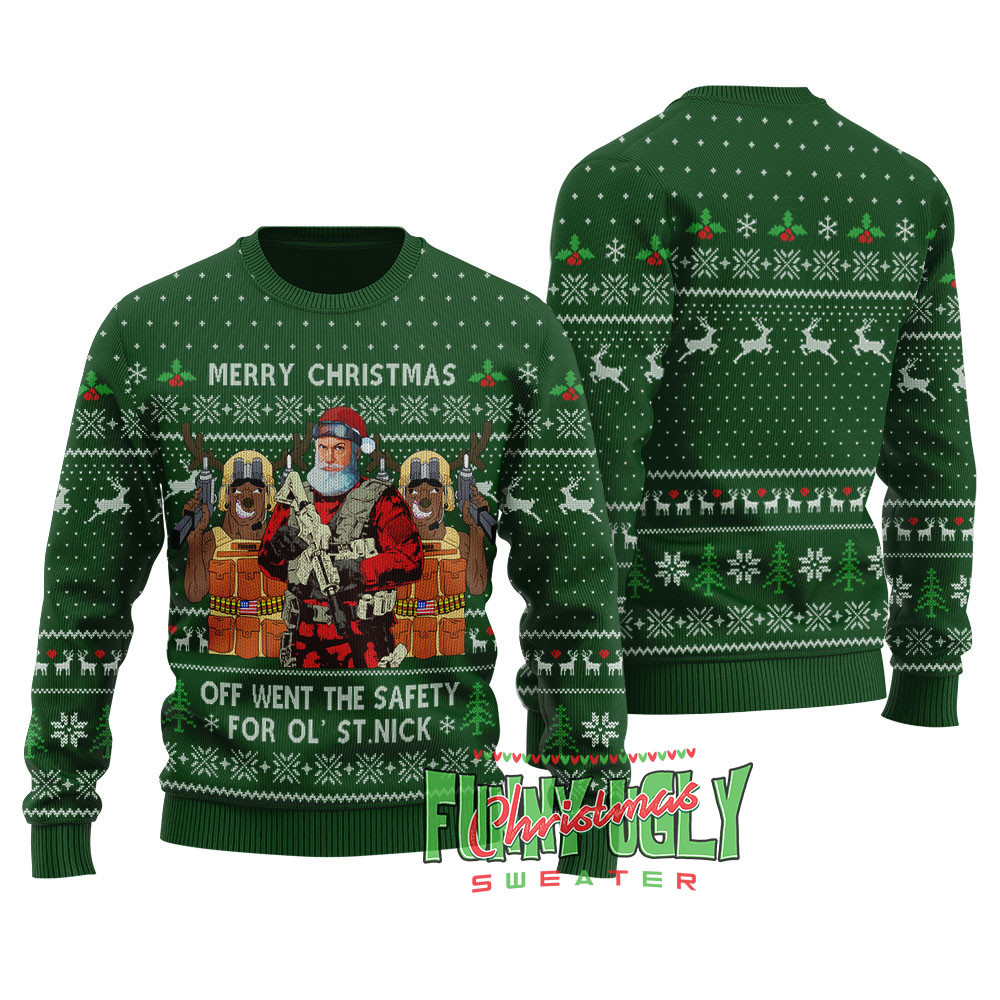 Funny Tactical Santa Ugly Christmas Sweater Forest Green Casual Winter Sweatshirt for Daily Comfort