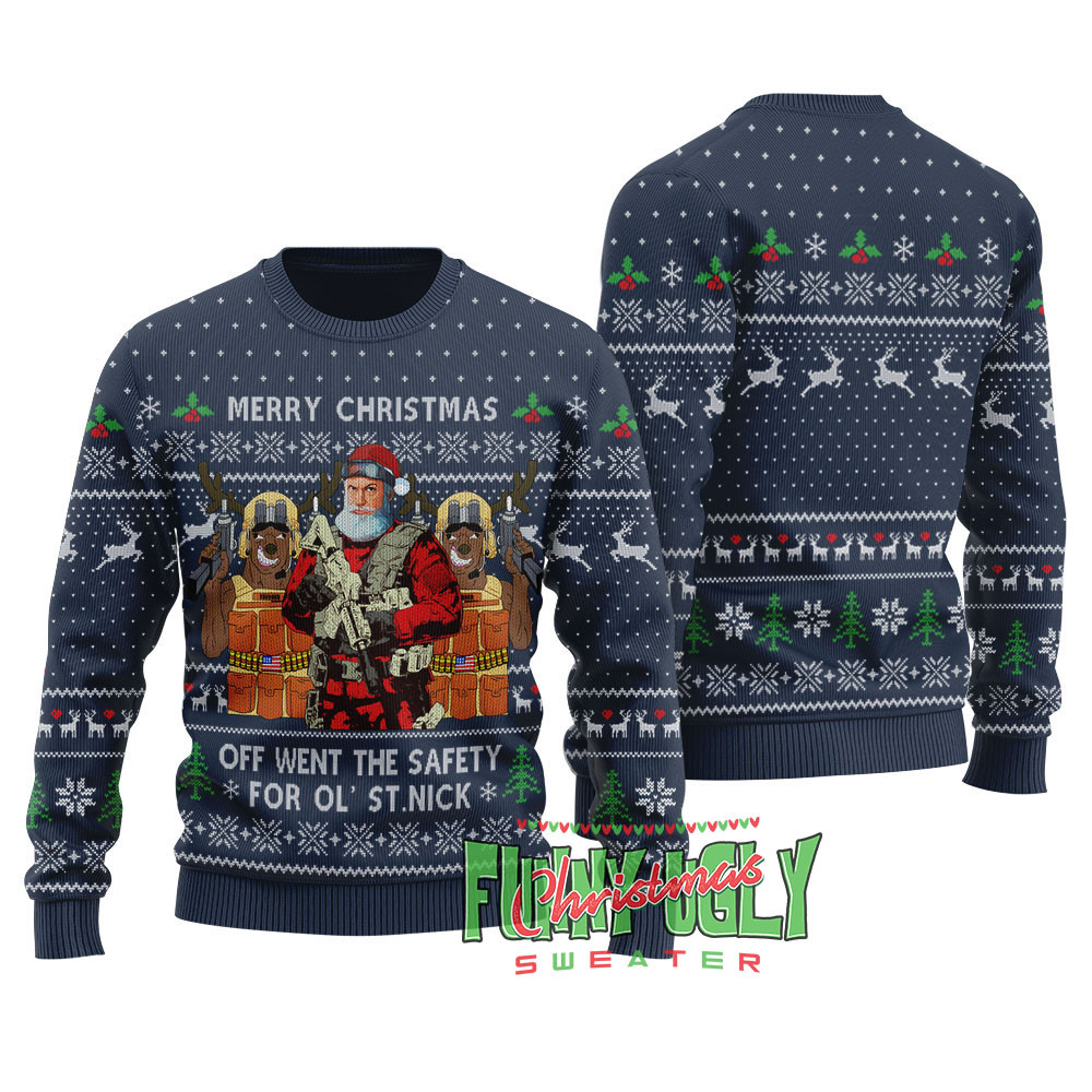 Funny Tactical Santa Ugly Christmas Sweater Navy Cute Holiday Sweatshirt to Spread Joy