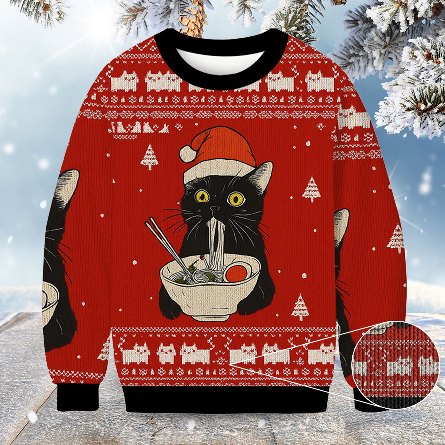 Funny Taking A Cat To Eat Ramen Christmas Ugly Sweater Cat Themed Xmas Gifts