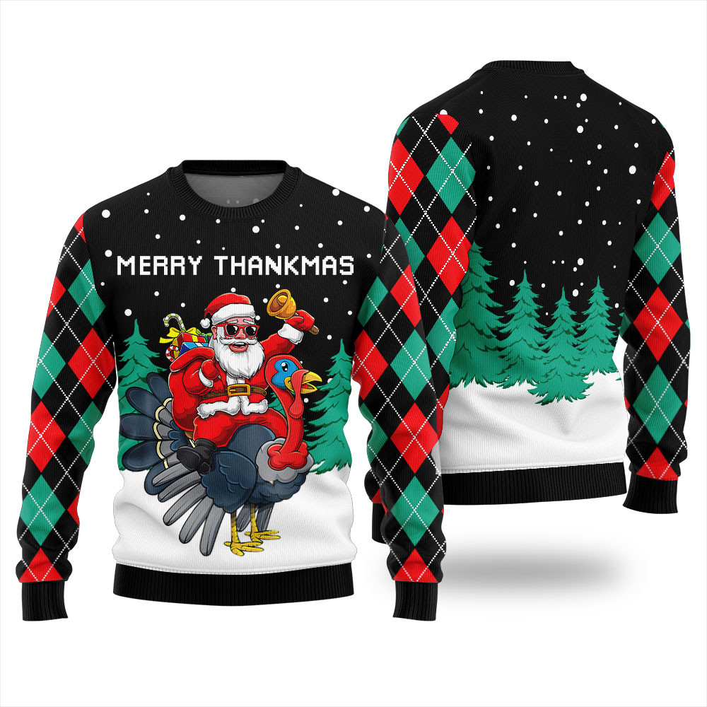 Funny Thanksgiving Merry Thankmas Ugly Xmas Sweater Black Soft Cotton Sweatshirt for Winter Comfort