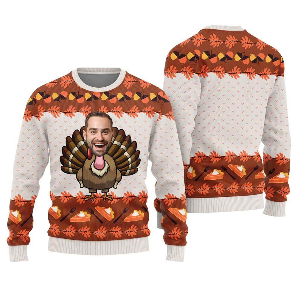 Funny Thanksgiving Sweaters Custom Face Turkey White Nice Christmas Sweaters For Men