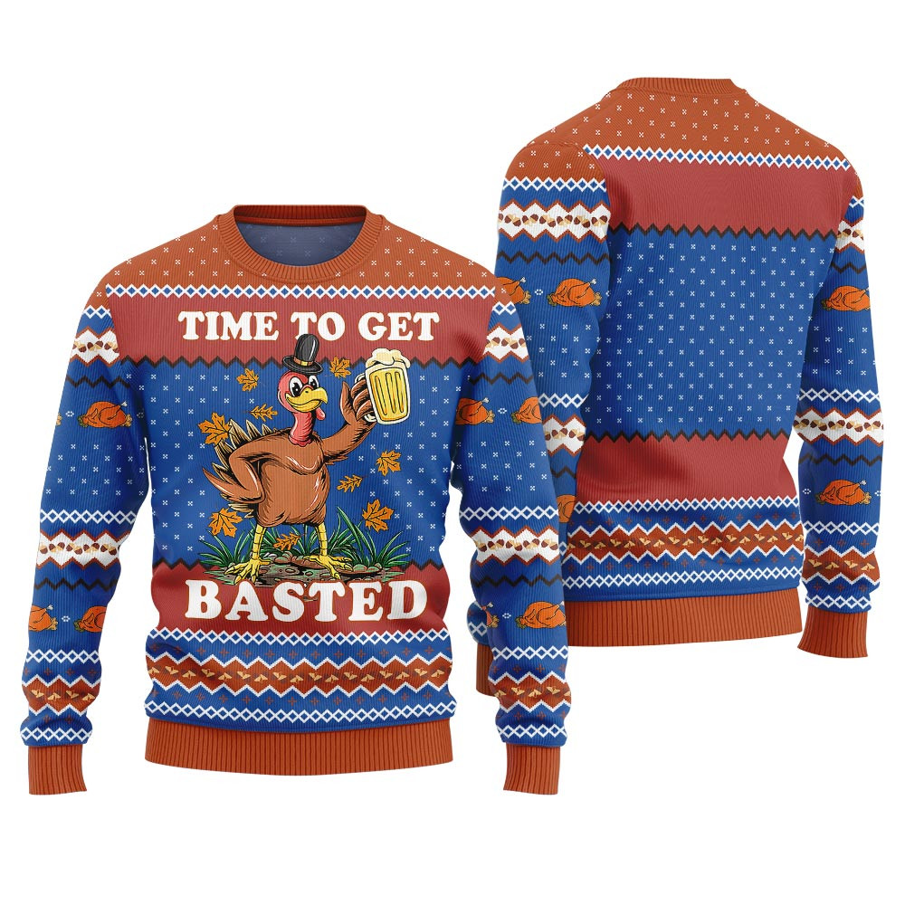 Funny Thanksgiving Time To Get Basted Ugly Sweater Royal Custom Christmas Sweatshirt for Family Matching