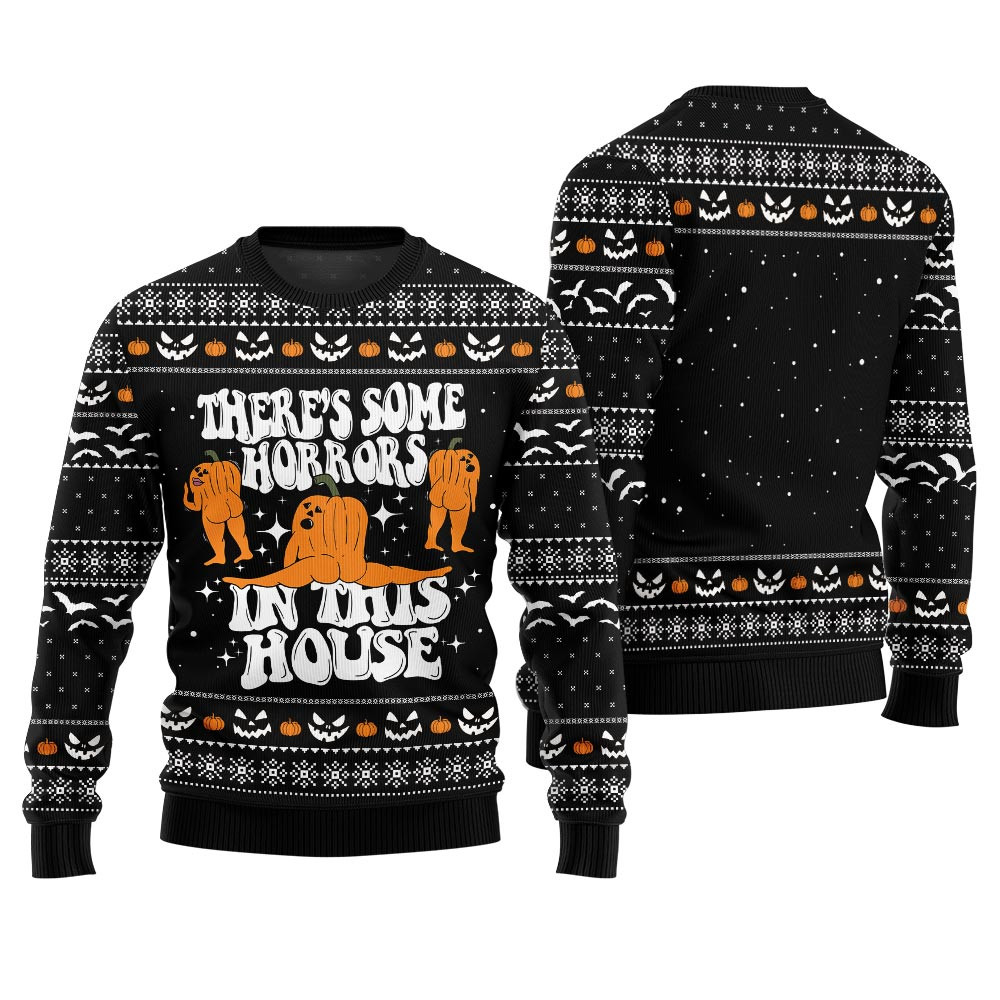 Funny Theres Some Horrors In This House Halloween Sweater Black Cozy Christmas Sweater for Holiday Season