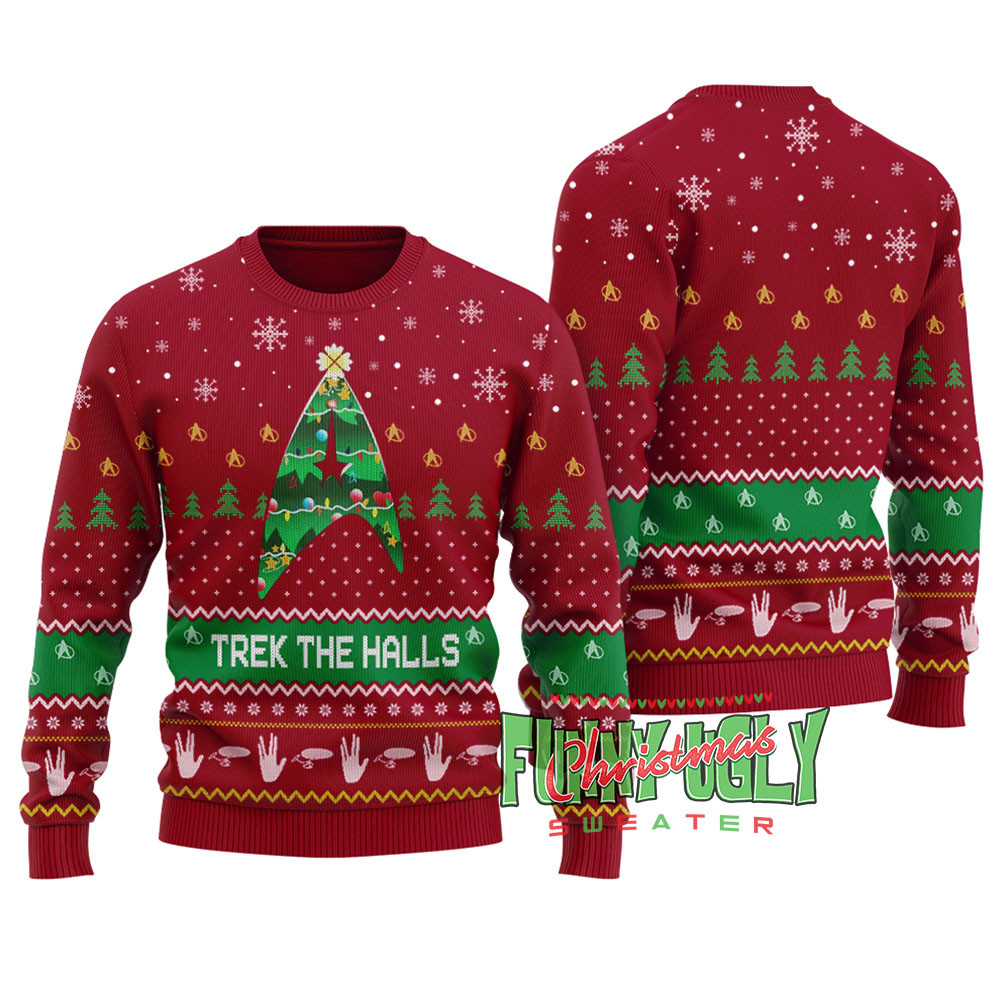 Funny Trek The Hall Ugly Christmas Sweater Cardinal Red Casual Winter Sweatshirt for Daily Comfort
