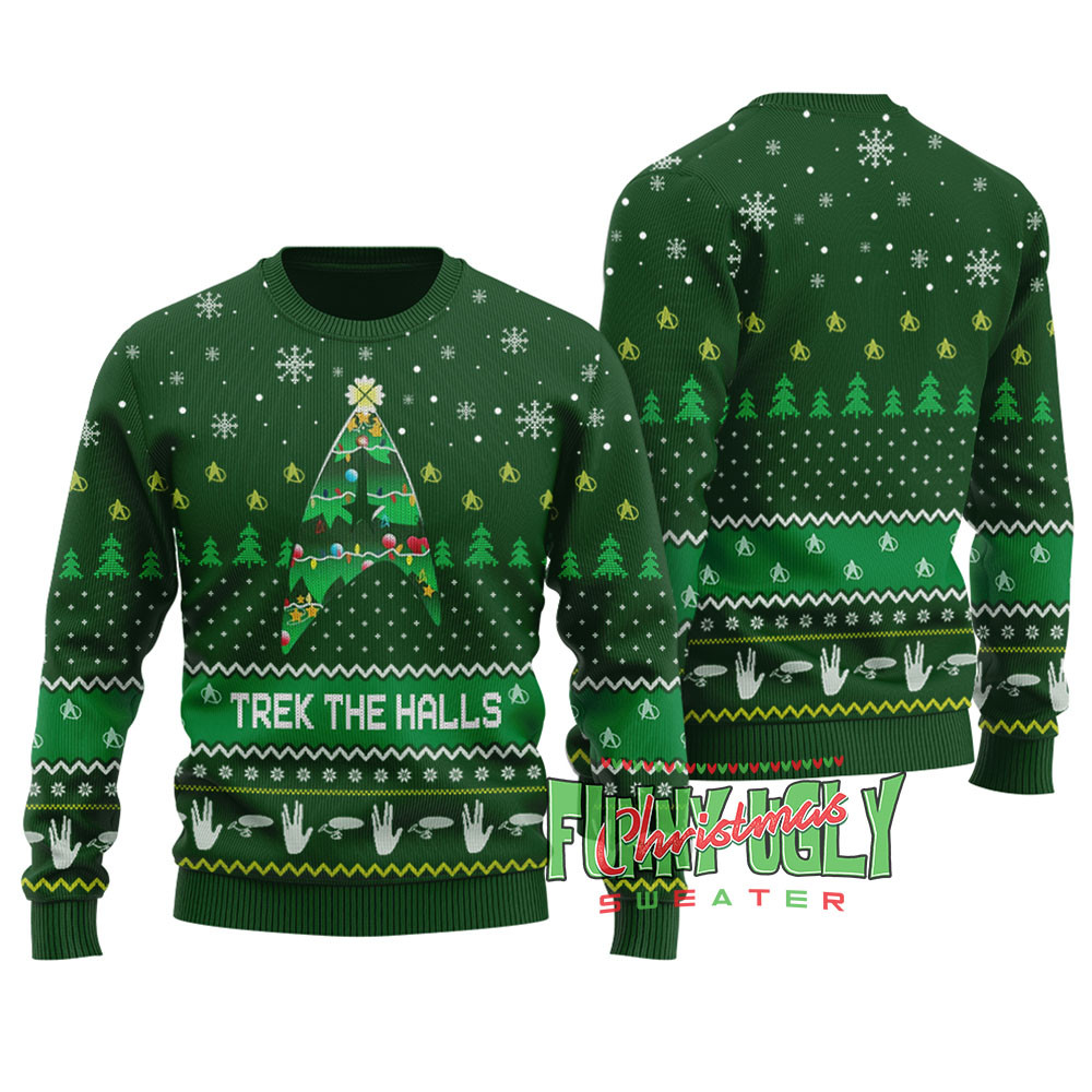 Funny Trek The Hall Ugly Christmas Sweater Forest Green Perfect Merch Gift for the Christmas Season