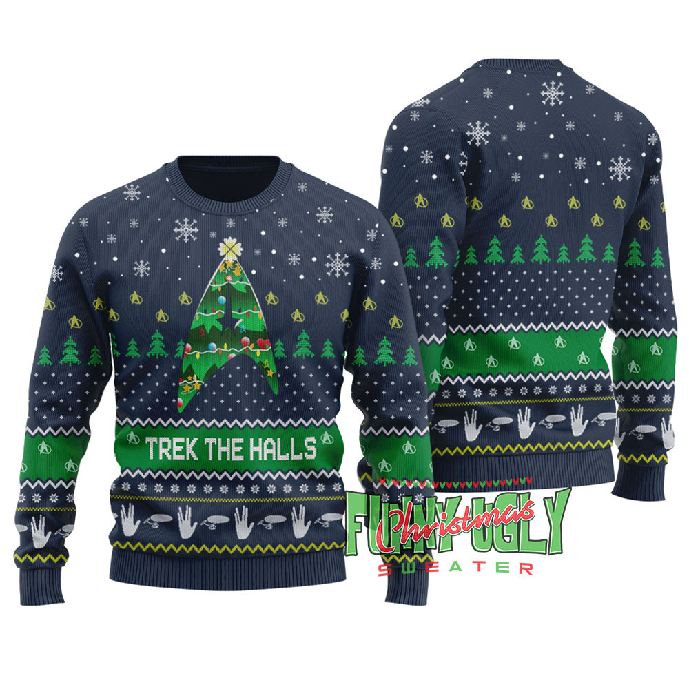 Funny Trek The Hall Ugly Christmas Sweater Navy Merry Christmas Sweatshirt for Holiday Fun