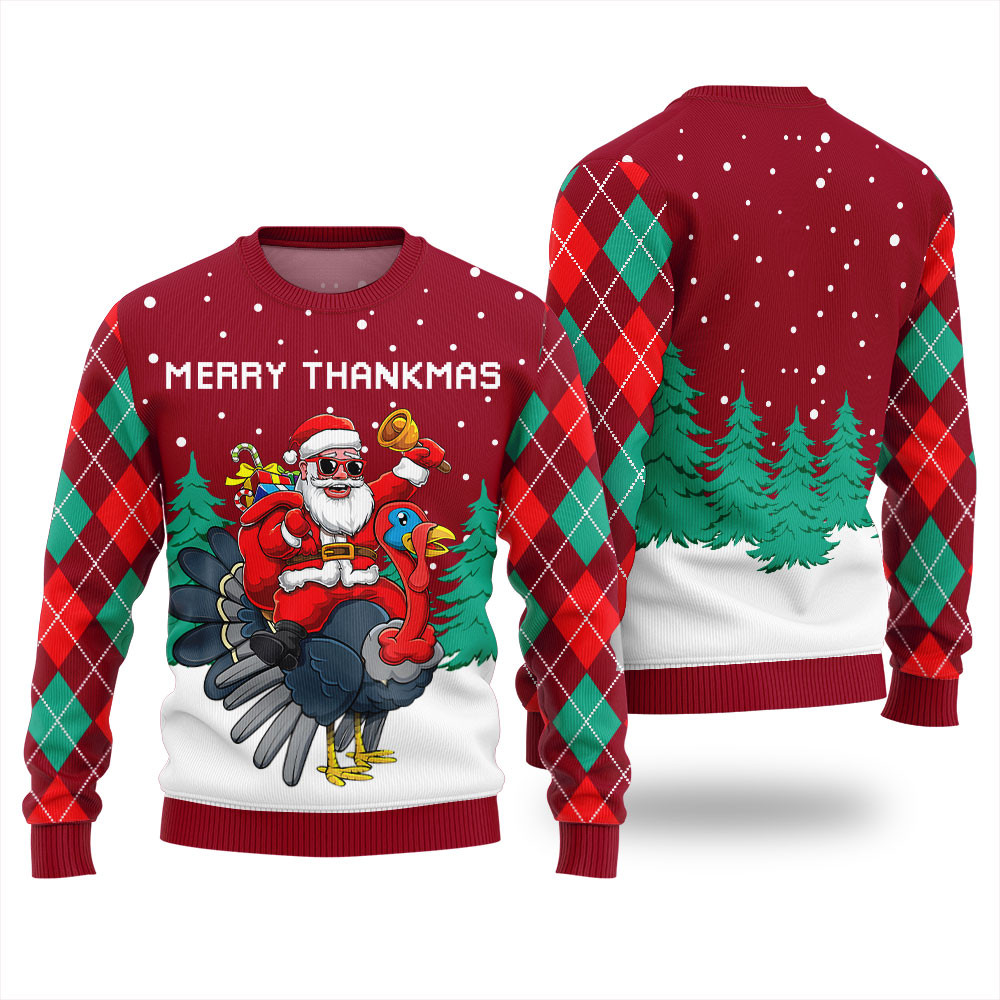 Funny Turkey Santa Merry Thankmas Thanksgiving Sweaters Red Heartwarming Christmas Gift Sweater for Him or Her