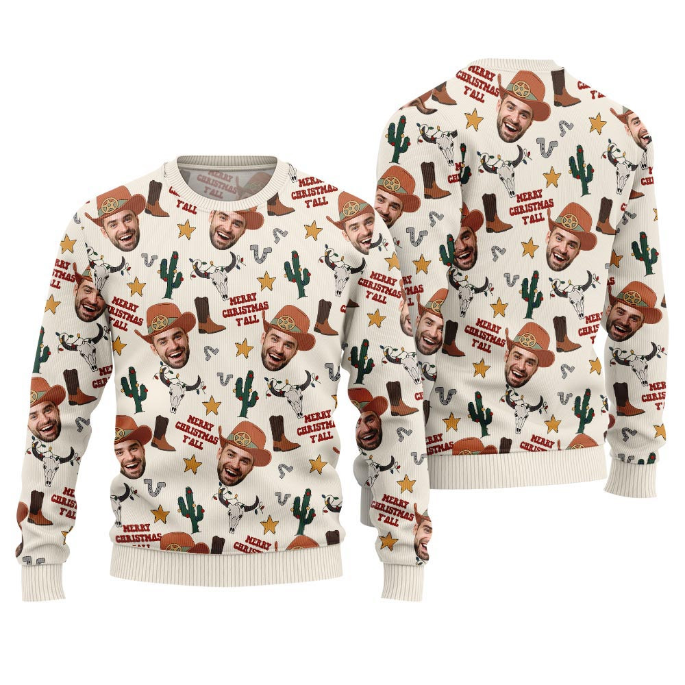 Funny Ugly Christmas Sweater Adults Personalized Face Cowboy