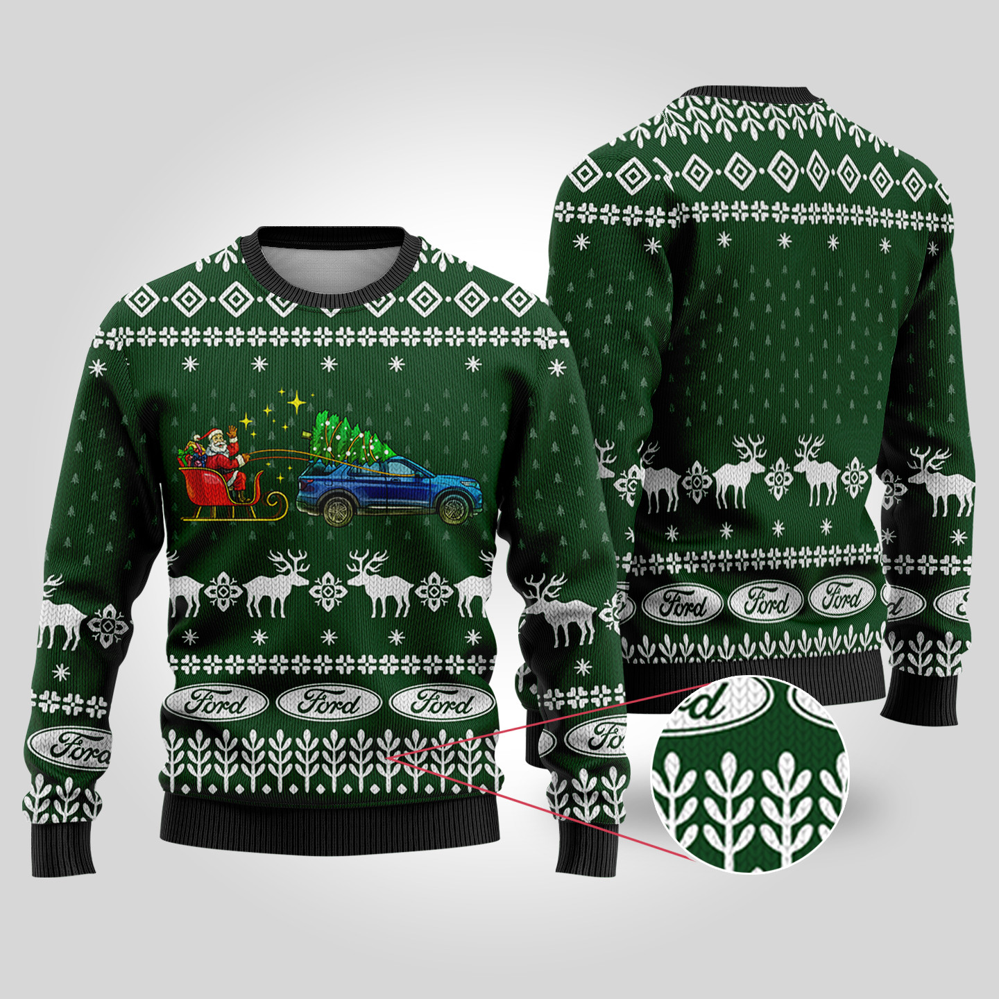 Funny Ugly Christmas Sweater Ford Car Forest Green Cute Holiday Sweatshirt to Spread Joy