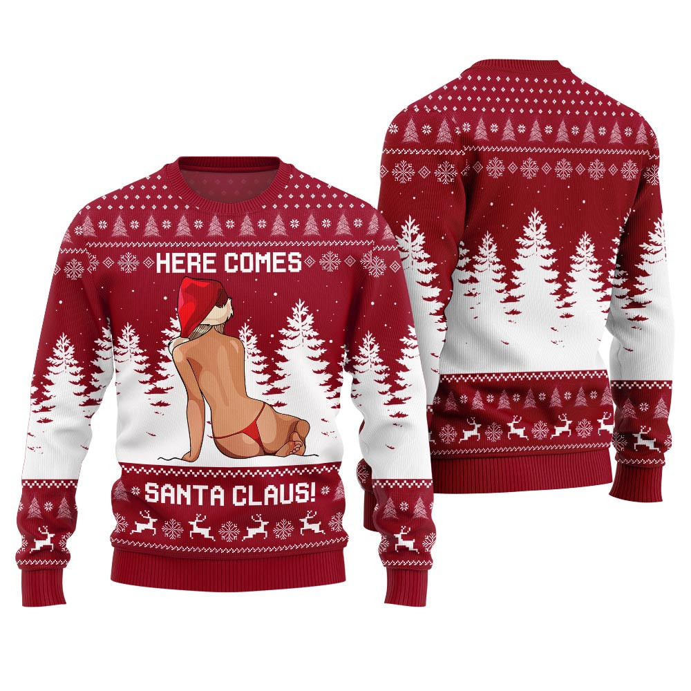 Funny Ugly Christmas Sweater Here Comes Santa Claus Red Cozy Christmas Sweater for Holiday Season
