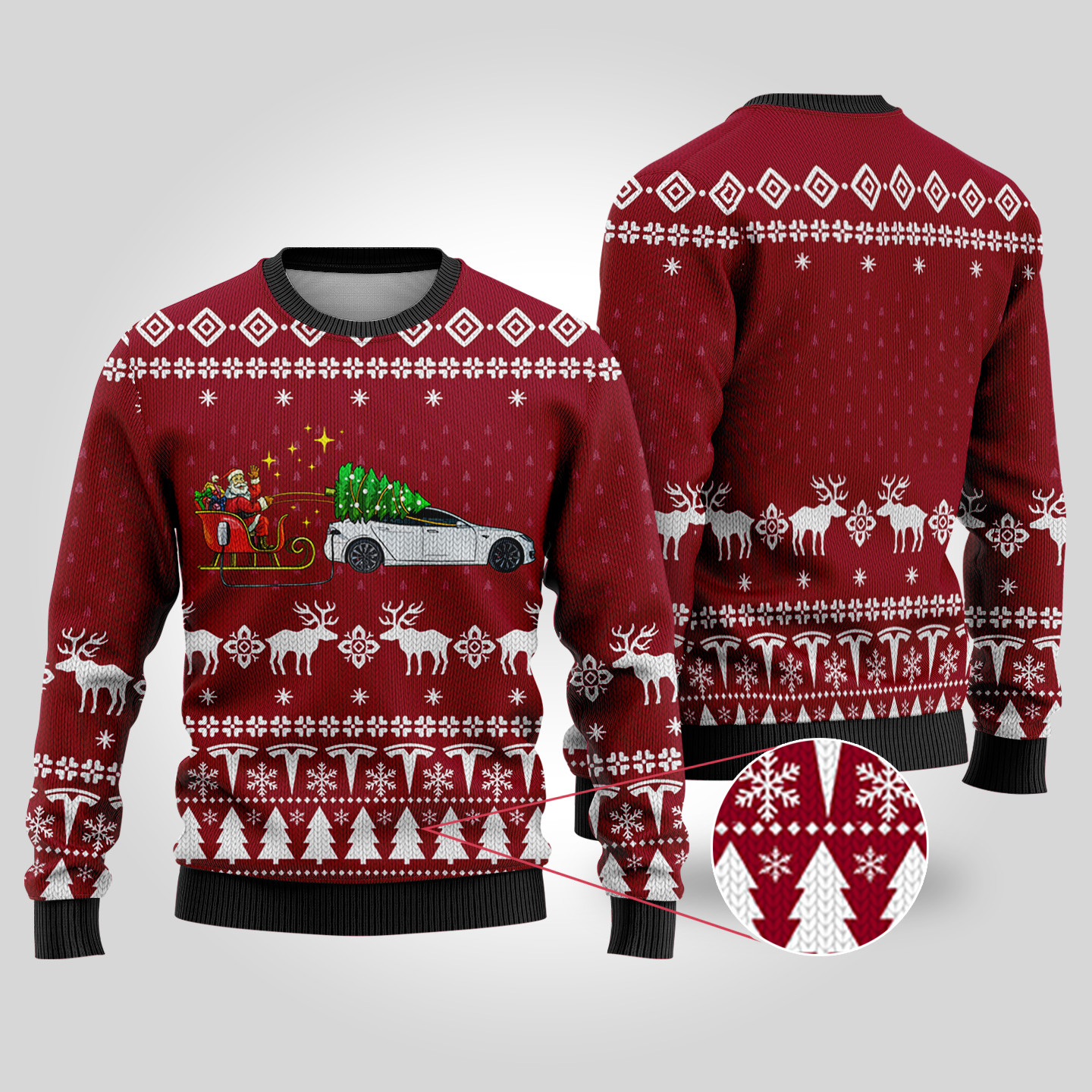 Funny Ugly Christmas Sweater Testla Car Cardinal Red Warm Winter Merch Gift for Someone You Love