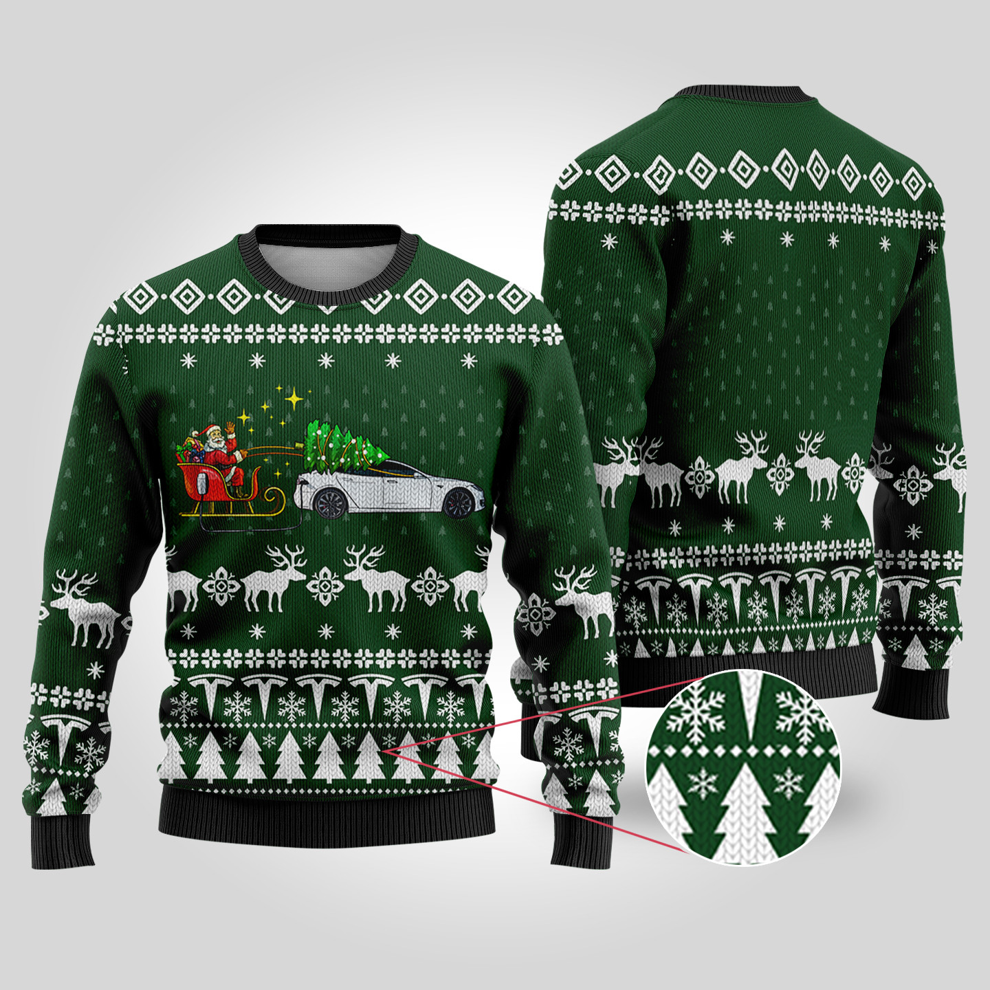 Funny Ugly Christmas Sweater Testla Car Forest Green Perfect Winter Merch Gift for the Holiday Spirit