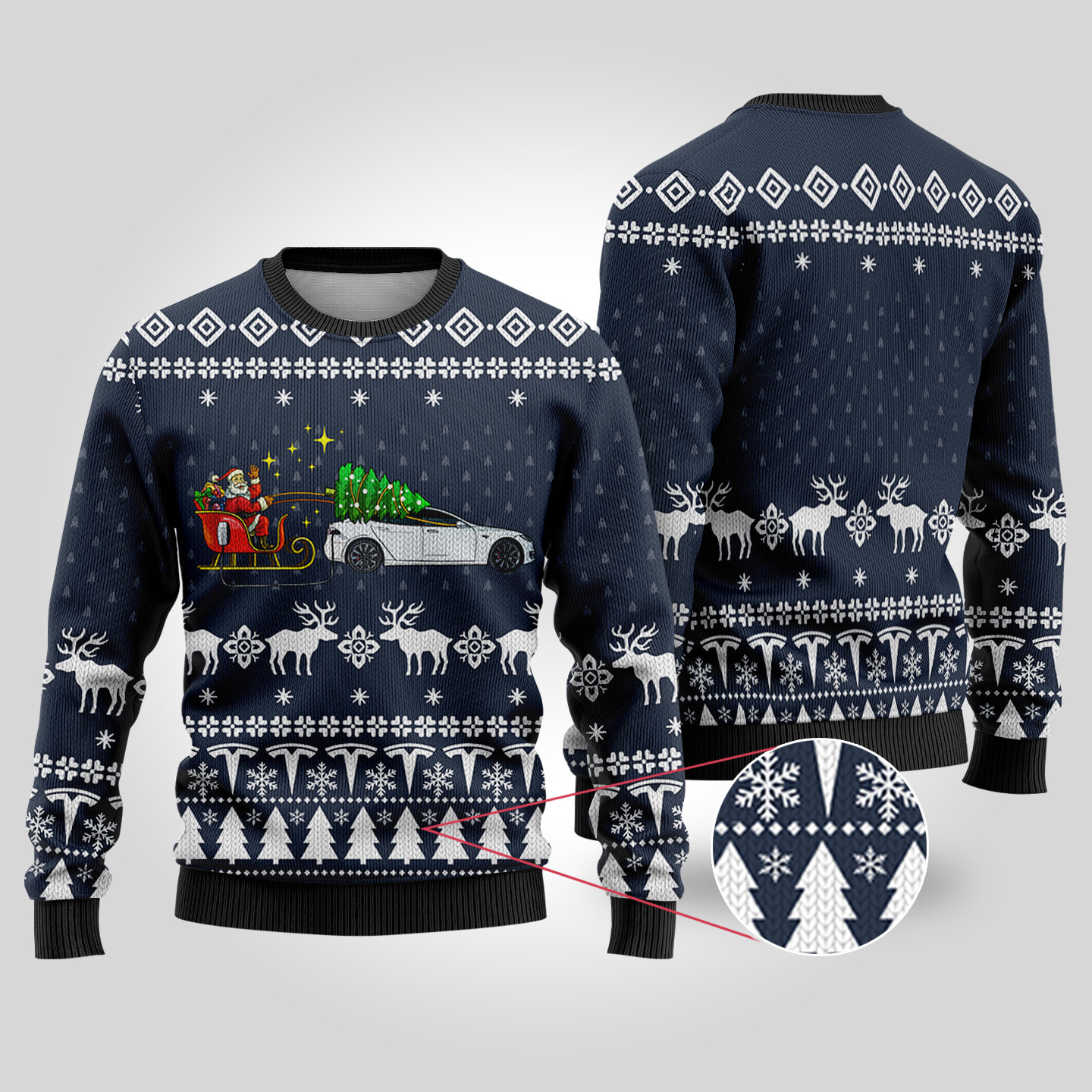 Funny Ugly Christmas Sweater Testla Car Navy Best Gift Idea for Christmas Enthusiasts
