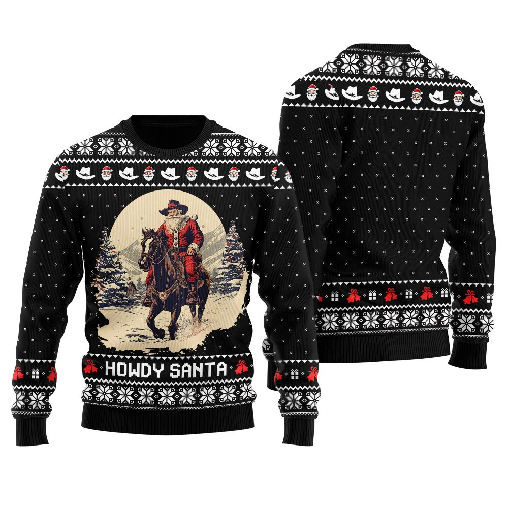 Funny Ugly Cowboys Christmas Sweater Howdy Santa Black Christmas Merch Gift That Brings Joy and Warmth