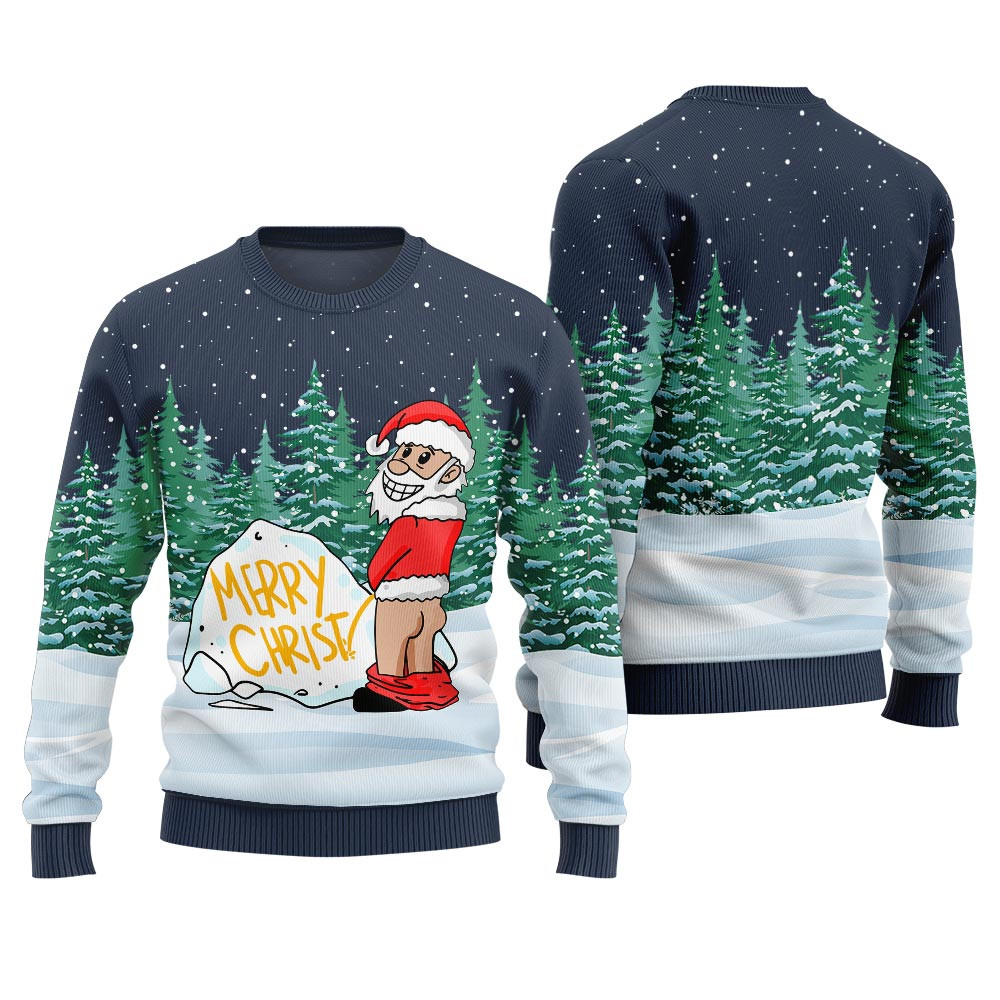 Funny Ugly Santa Merry Christmas Sweater Navy Casual Winter Sweatshirt for Daily Comfort