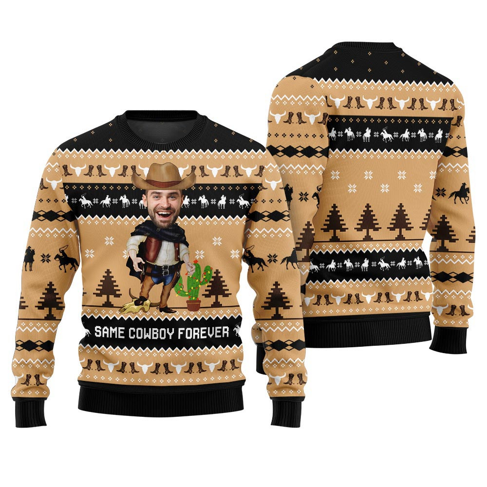 Funny Ugly Sweater Custom Face Same Cowboy Forever Black Christmas Sweaters For Men