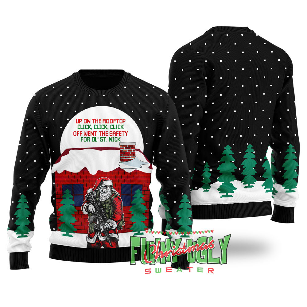 Funny Up On The Housetop Ugly Christmas Sweater Black Lovely Merch Gift for Cozy Winter Nights