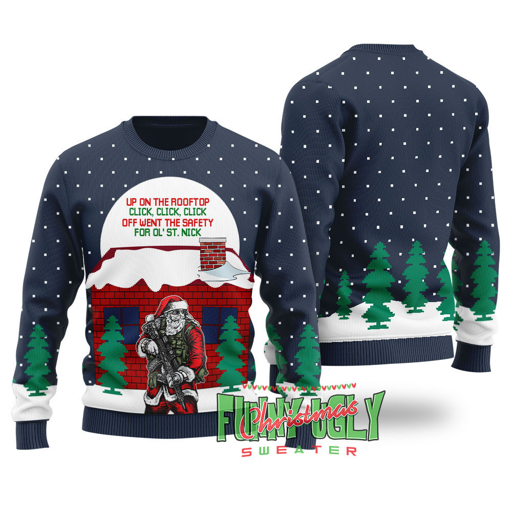 Funny Up On The Housetop Ugly Christmas Sweater Navy Funny Holiday Sweater for Family Gatherings