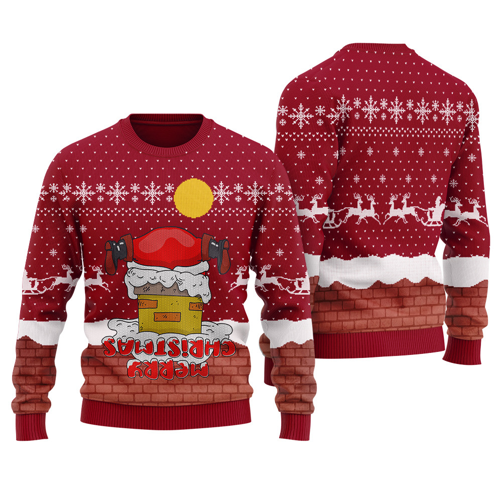 Funny Upside Down Merry Christmas Ugly Christmas Sweater Cardinal Red Funny Holiday Sweater for Family Gatherings
