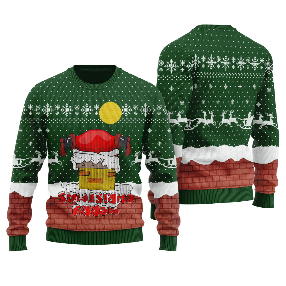 Funny Upside Down Merry Christmas Ugly Christmas Sweater Forest Green Perfect Winter Merch Gift for the Holiday Spirit