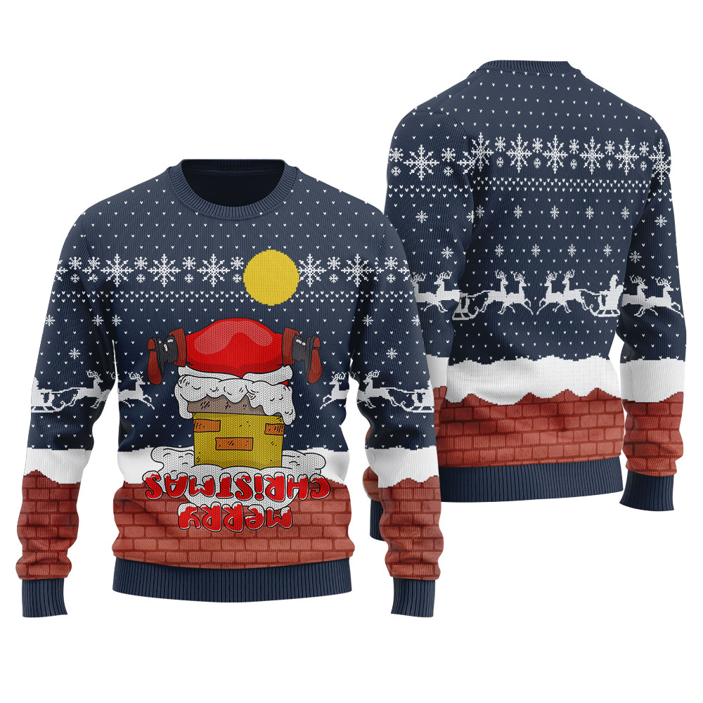Funny Upside Down Merry Christmas Ugly Christmas Sweater Navy Warm Winter Merch Gift for Someone You Love