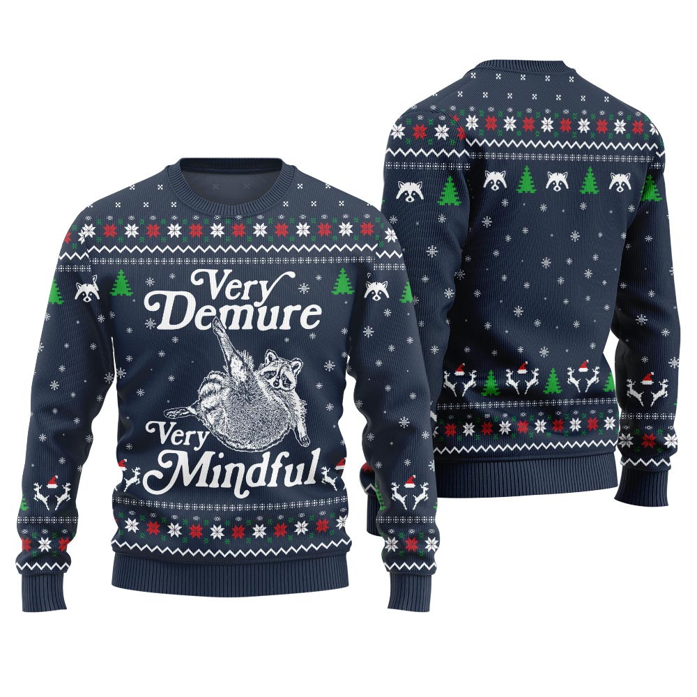 Funny Very Demure Very Mindful Racoon Ugly Sweater Navy Trending Christmas Merch Gift 2025 Collection