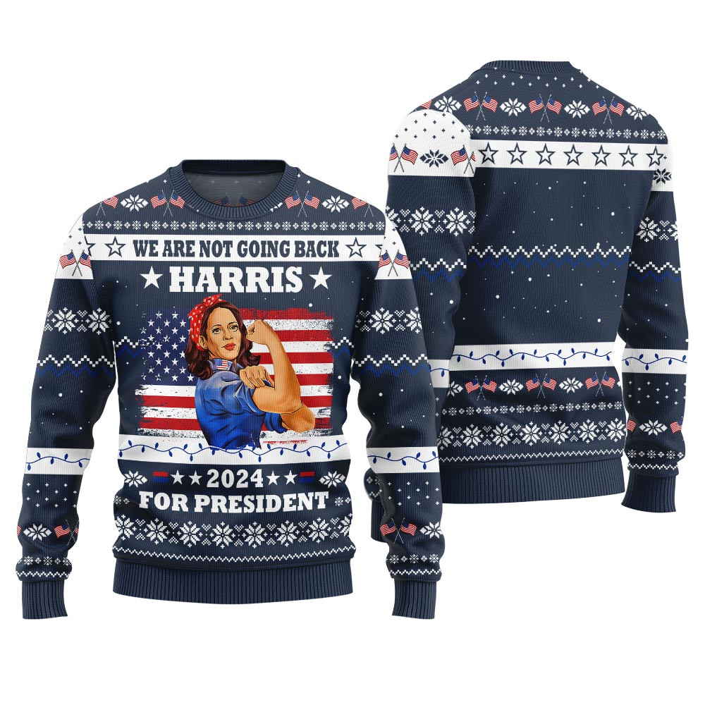 Funny We Are Not Going Back Kamala Harris Sweater Navy Trending Christmas Merch Gift 2025 Collection