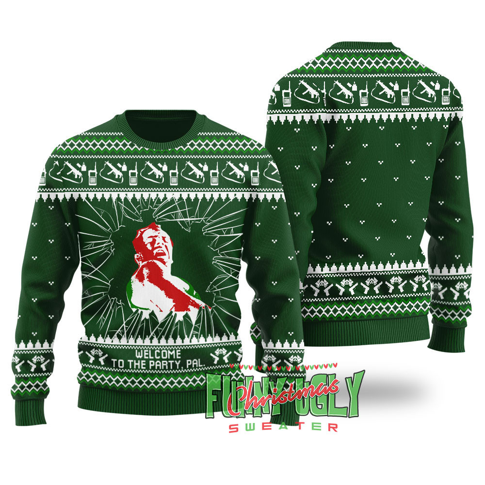 Funny Welcome To The Party Die Hard Sweater Forest Green Trendy Christmas Sweater for Winter Outfits