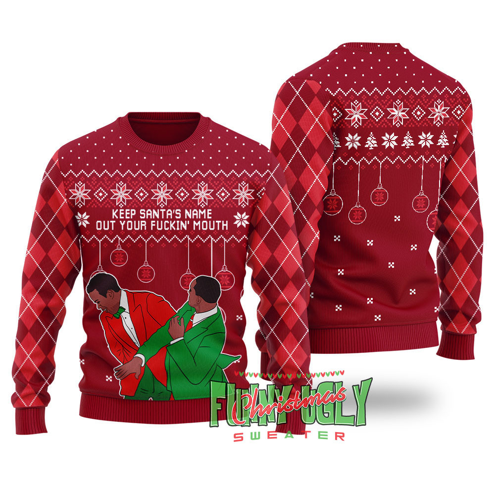 Funny Will Smith Chris Slap Ugly Christmas Sweater Cardinal Red Custom Holiday Sweater Merch That Warms the Heart