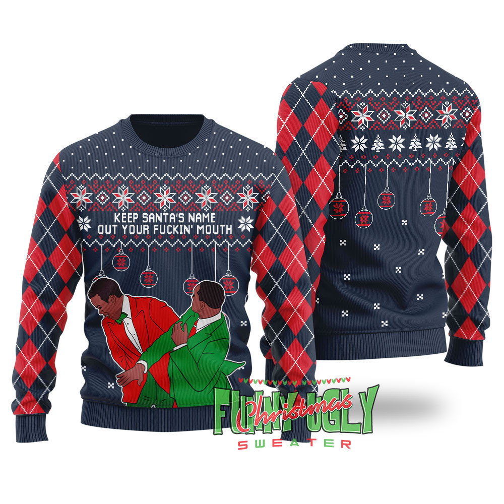 Funny Will Smith Chris Slap Ugly Christmas Sweater Navy Thoughtful Winter Gift Merch for Special Moments